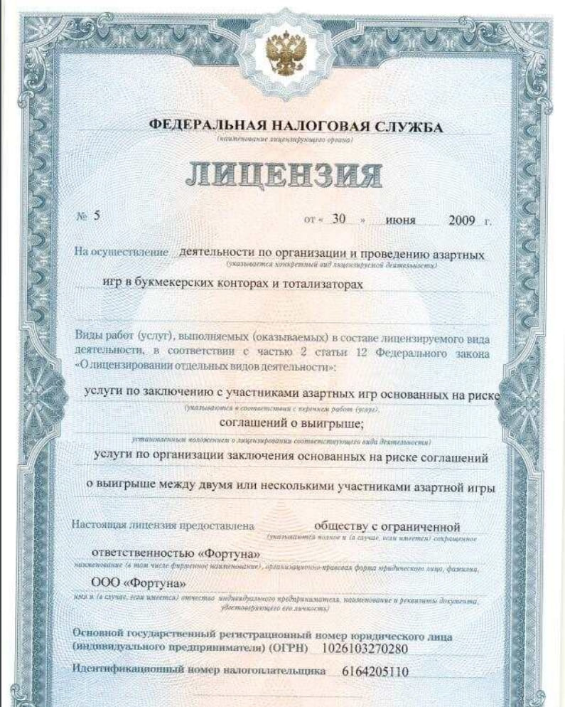 Лицензия №5 ФНС РФ, выданная в 2009 году